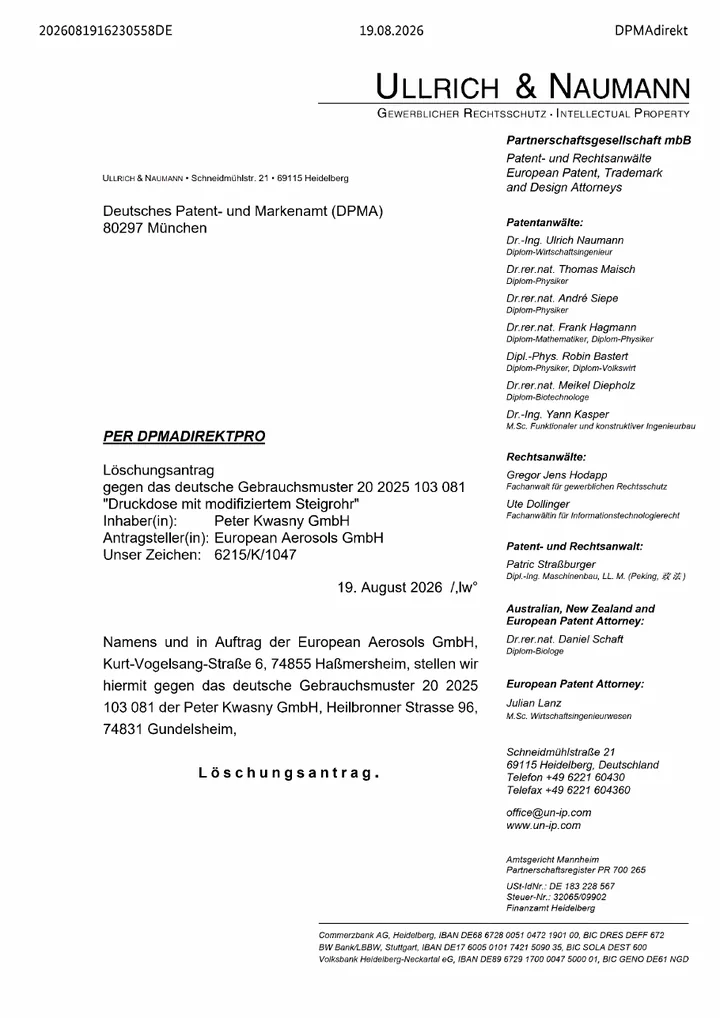First page of the Löschungsantrag (cancellation request) against utility model 20 2025 103 081
