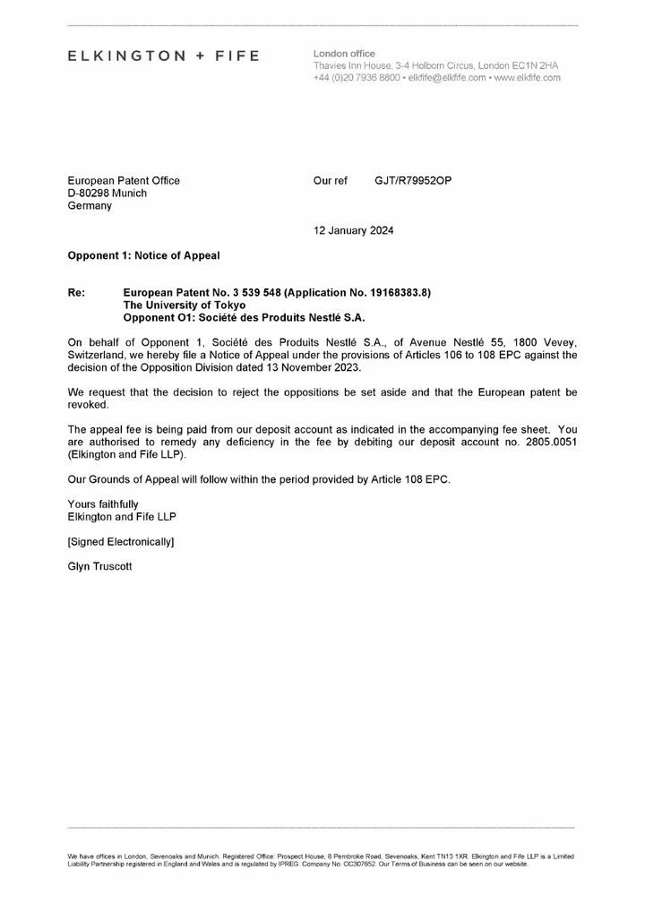 First page of the Notice of appeal and grounds of appeal against the rejection of the oppositions to EP 3 539 548