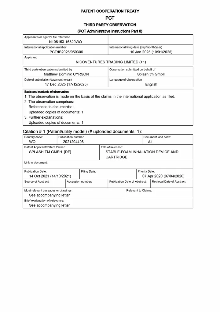 First page of the Third-party observation on PCT/IB2025/050306