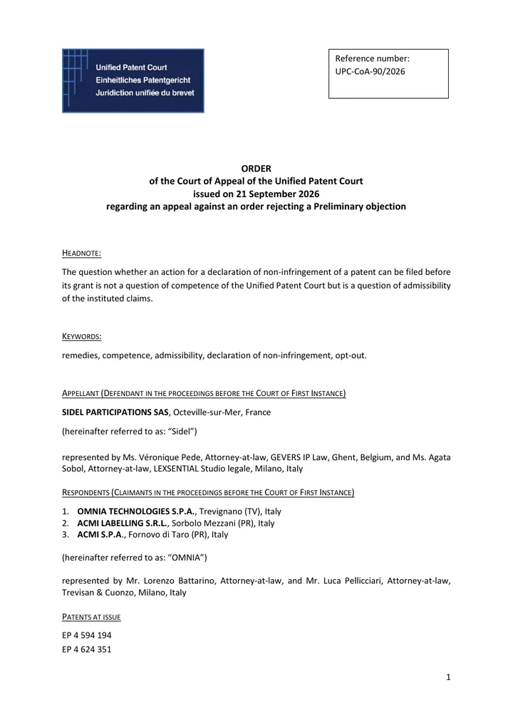 First page of the Court of Appeal order in the DNI action Omnia v Sidel