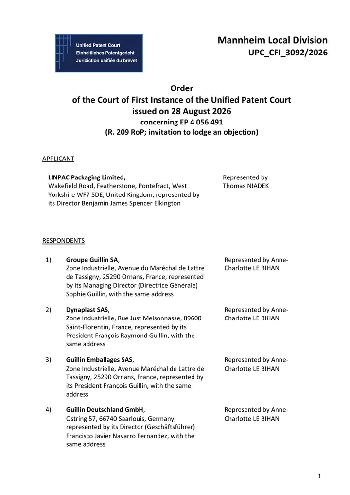 First page of the Order after a protective letter: LINPAC v Groupe Guillin